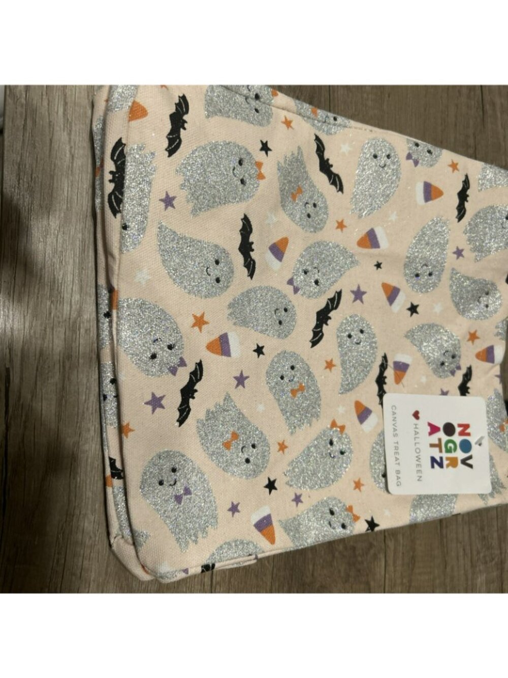 Novogratz Halloween Canvas Treat Bag Glittery Ghosts Bats & Candy Corn Pattern - Picture 3 of 3